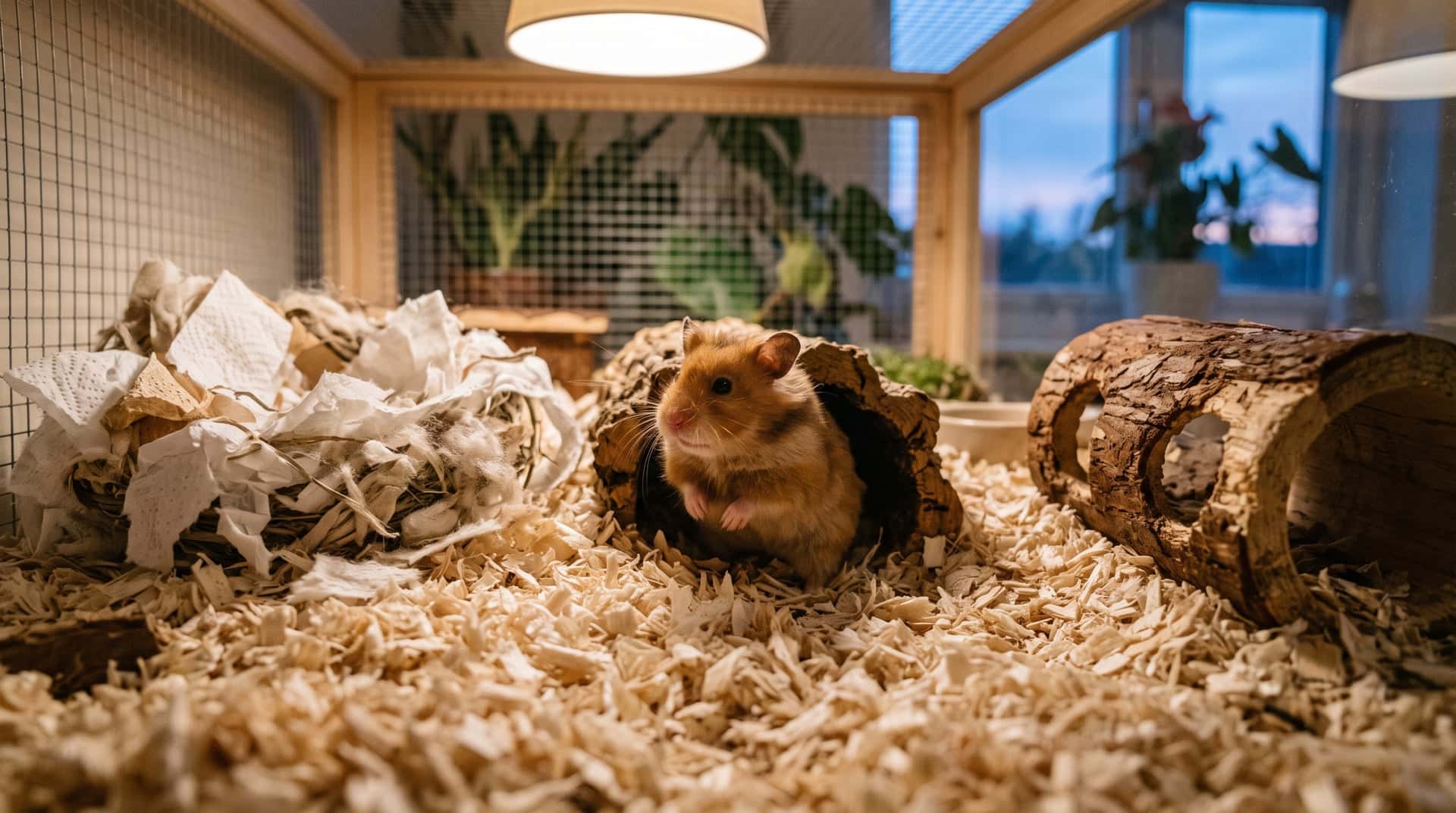 Adult golden Syrian hamster emerging at dusk from a tunnel entrance in deep bedding beside a used shredded-paper nest and a wooden hide