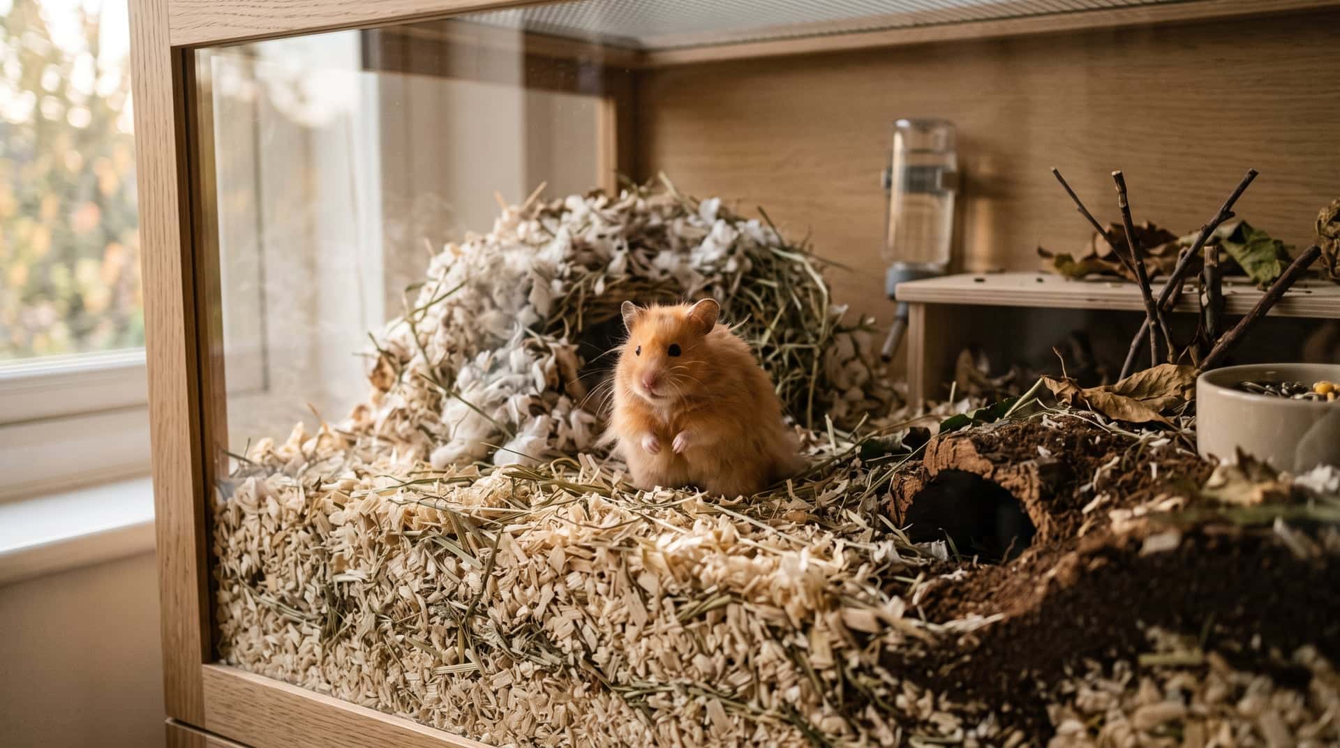 Adult golden Syrian hamster sitting upright on deep wood-shaving bedding beside a shredded-paper nest and a burrow entrance inside a large glass-fronted enclosure