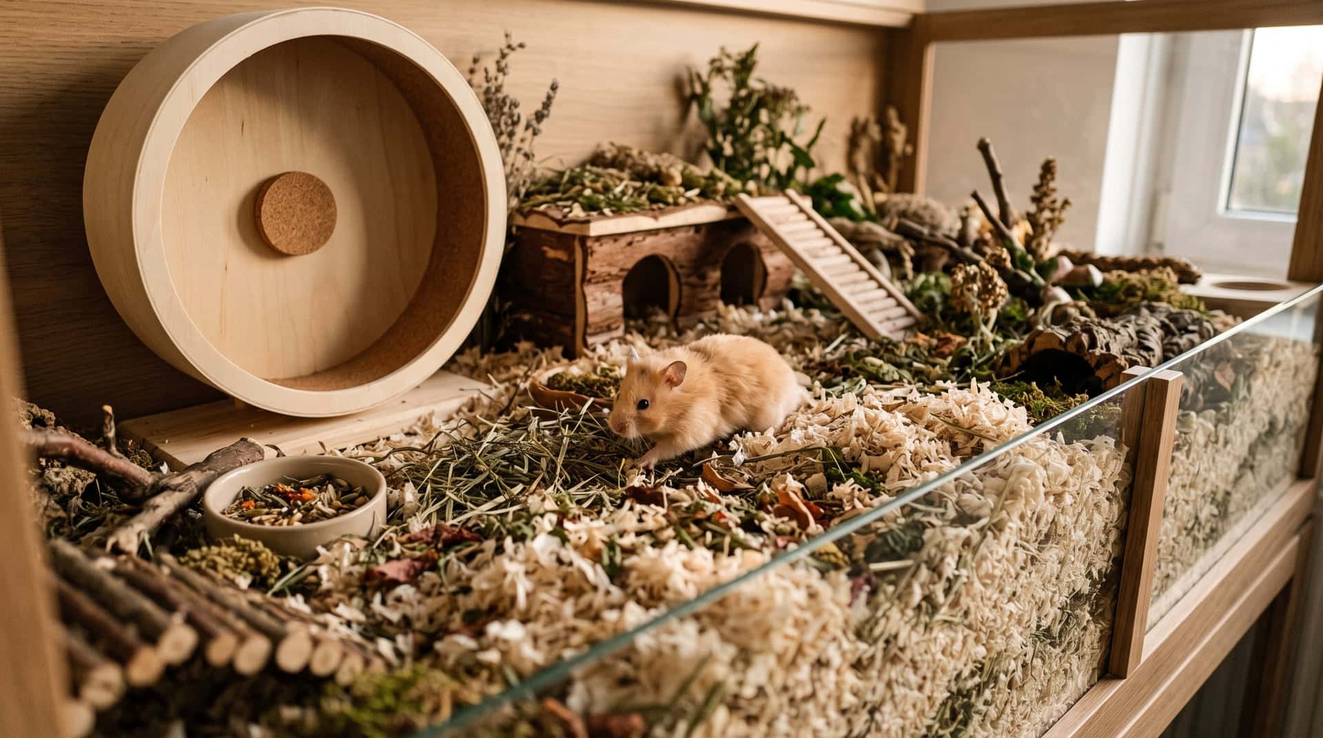 Young golden Syrian hamster in a very large deep-bedded enclosure with a wide solid-surface wheel and a wooden hide behind it