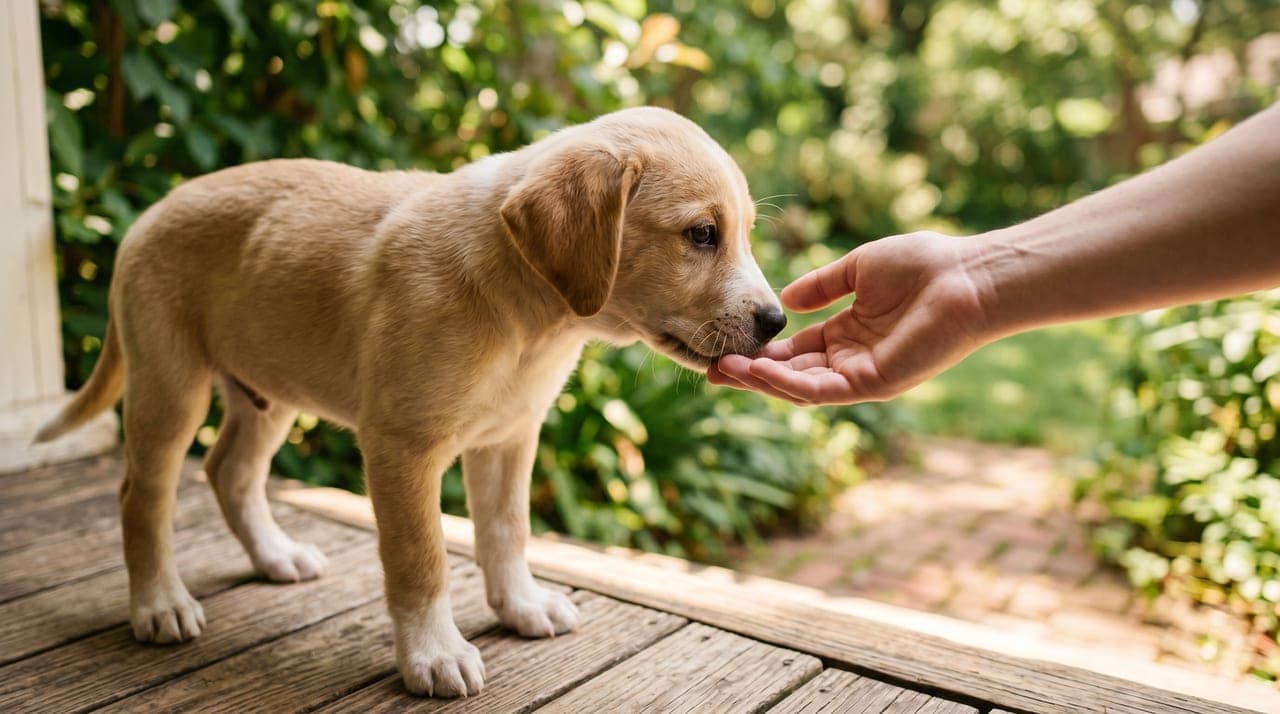 Young puppy gently sniffing a person's outstretched hand at eye level, soft natural light, calm trust-building moment