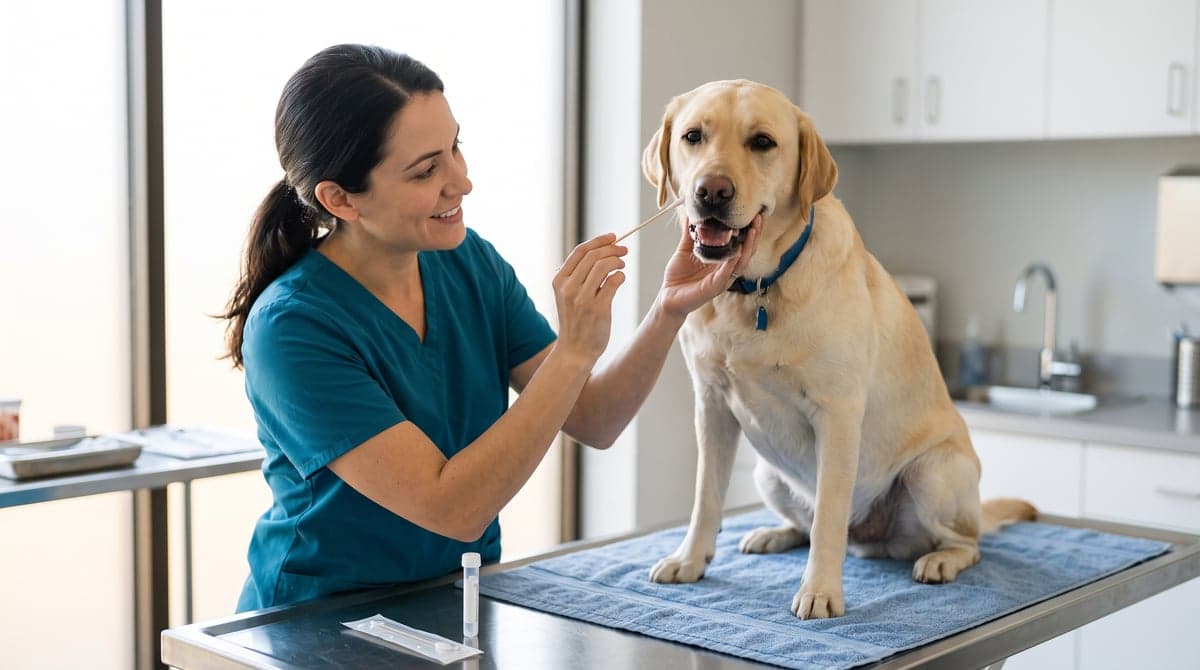 Veterinarian preparing DNA cheek swab on a dog for pre-breeding genetic testing