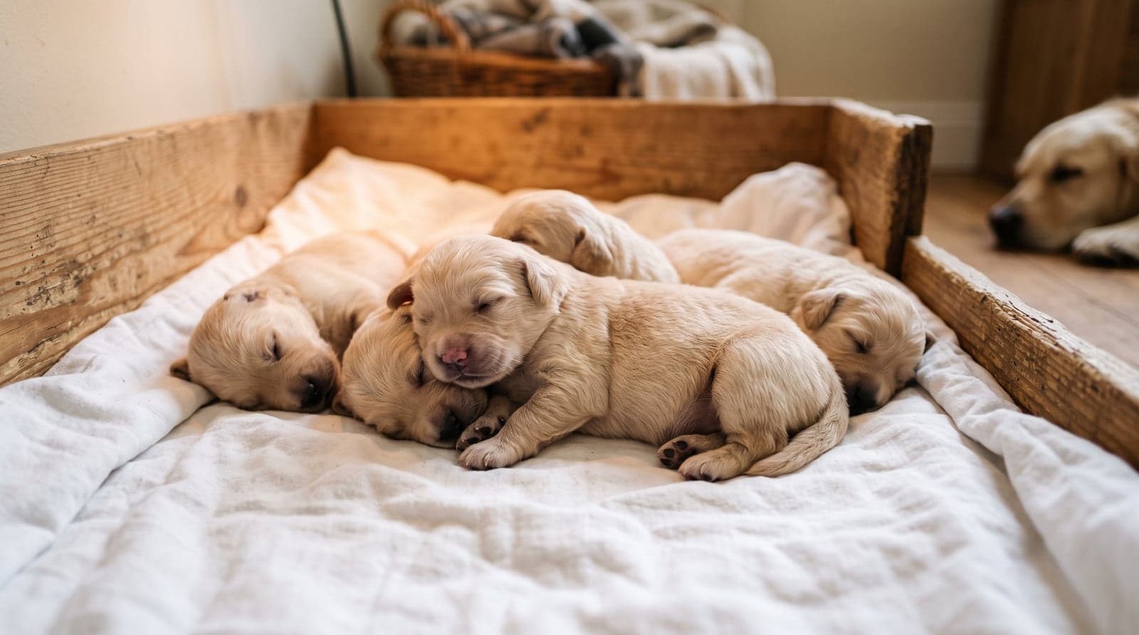 A litter of newborn puppies about ten days old sleeping in a pile on clean bedding inside a warm whelping box