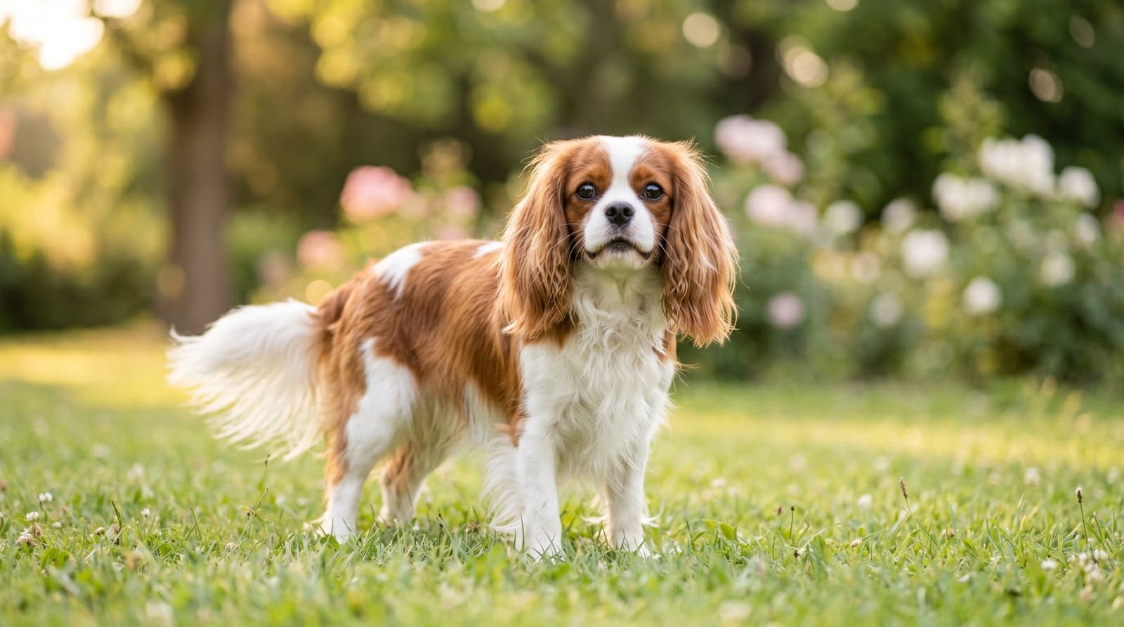 Adult Cavalier King Charles Spaniel on a sunlit lawn, illustrating the kind of legitimate breed photo a real seller can provide and a scammer cannot
