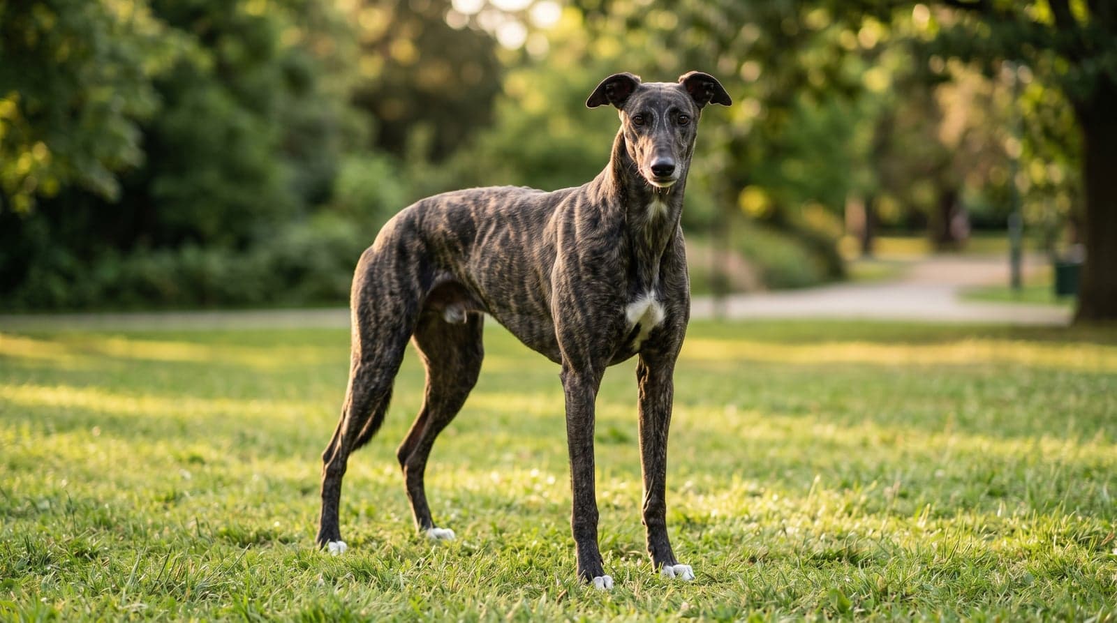 Fawn-and-white Greyhound puppy on a sunlit lawn, illustrating a low-maintenance breed pick for first-time owners